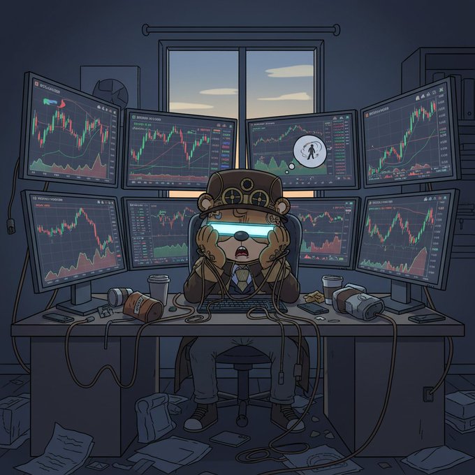 In the image, there's a cartoon bear sitting at a desk with multiple monitors behind him, appearing to be overwhelmed by the fast-paced world of trading. The bears head appears to have a thoughtful expression as he gazes towards one of the screens displaying stock charts. The scene suggests that he is in his office trying to make sense of the constantly changing market trends and possibly contemplating whether Bitcoin should continue its upward trajectory or if it's already at an all-time high, or even slip back down towards 92k. This image may be related to a post about trading strategies or Bitcoin's performance where the bear could symbolize someone analyzing these fluctuations in real life or illustrating them through art for educational purposes.