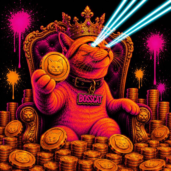 A vibrant digital artwork featuring an orange cat wearing a gold crown and a 'BOSSCAT' collar, shooting cyan laser beams from its eyes while sitting on a throne surrounded by gold coins stamped with cat faces.