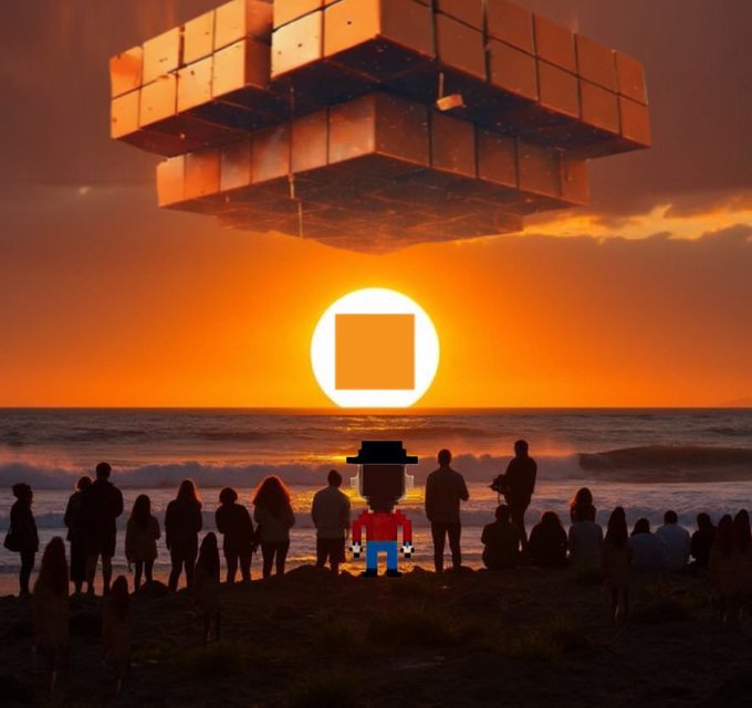 A surreal scene shows a crowd silhouetted on a beach at sunset, watching a Minecraft character standing before a glowing white square portal, with a massive floating cube structure hovering in the orange sky above.