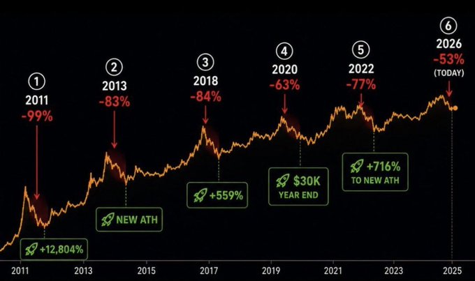 This image displays a long-term Bitcoin price chart from 2011 to 2025, highlighting six major market cycle drawdowns with percentage drops ranging from -53% to -99%, along with subsequent rebounds like "+12,804%" (2011), "+559%" (2018), "+71.6% to new ATH" (2022), and "$30K year end" (2020). 

The chart visually supports the post's question about whether BTC's current -53% decline has run its course like past cycles or if further downside remains, illustrating the historical pattern of sharp drawdowns followed by significant recoveries to new all-time highs.