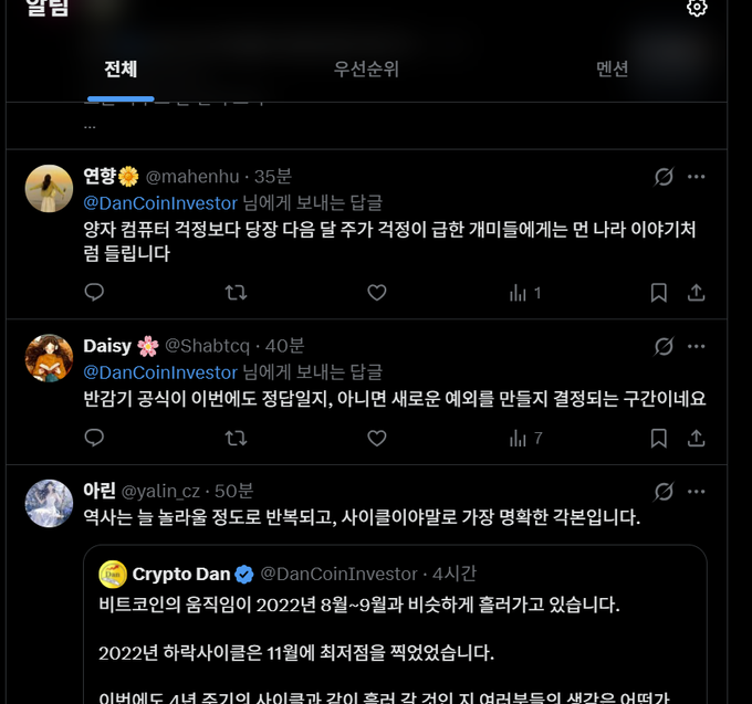 A Korean language Twitter/X feed showing replies to @DanCoinInvestor discussing crypto market volatility and comparing it to past financial crises.