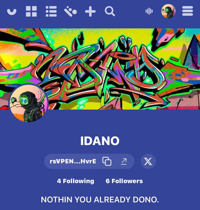 A social media profile page for user "IDANO" (@rsVPEN...HvrE) features a colorful graffiti-style banner behind their astronaut profile picture, with 4 Following and 6 Followers. The post notes the user enjoys a platform update and is celebrating @xrpcafe's birthday while asking others if they also struggle with banner fitting issues—suggesting the vibrantly designed banner shown may have taken some effort to display properly.