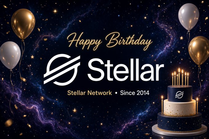 A celebratory graphic for Stellar's birthday featuring the text 'Happy Birthday Stellar', 'Stellar Network • Since 2014', gold balloons, and a tiered birthday cake with candles against a starry cosmic background.