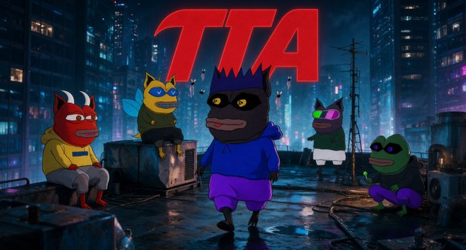 The image shows a group of cartoon characters wearing masks and hoodies, standing in a dimly lit, cyberpunk-style urban setting beneath the bold red "TTA" logo. This visual ties into the post by promoting TTA's strategic Web3 alliance with PEPEMFERS, emphasizing the "mysterious" masked team behind the 100% free mint project.