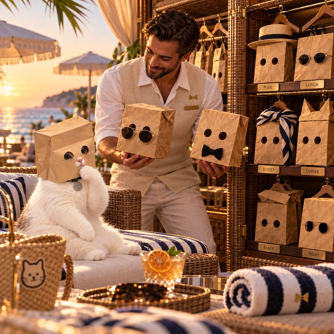 A hotel concierge presents "bagged" lunch, dinner, pool, sunset, and night packages to a pampered kitty in a luxury beachside setting, echoing the $ZCAT post's call to "secure the bag" before the next big move.