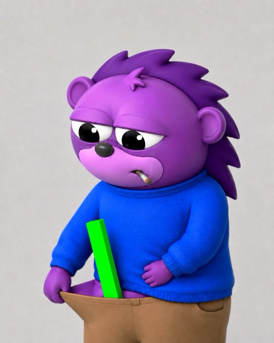 A 3D-rendered purple hedgehog character wearing a blue sweater, with a cigarette in its mouth and a green object tucked into its pants, against a plain background.