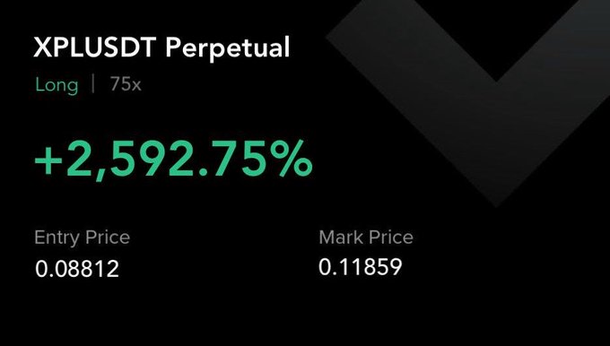 A trading interface screenshot showing an XPLUSDT Perpetual Long position at 75x leverage with a +2,592.75% gain, Entry Price 0.08812, Mark Price 0.11859.
