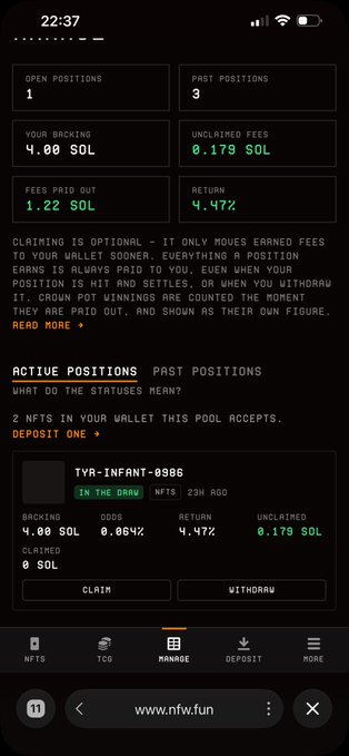 A screenshot of the nfw.fun "Manage" page shows a TYR-INFANT-0986 NFT pool with a backing of 4.00 SOL, 0.884% odds, and a 4.47% return, alongside the post noting that after 48 hours, 0.7 SOL in fees nearly covered the 1.5 SOL backing pulled from the y00t position, though Taiyo Infant yields little activity.