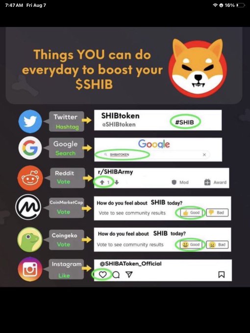 An infographic titled "Things YOU can do everyday to boost your $SHIB" featuring a Shiba Inu logo, showing how to engage on platforms like Twitter, Google, Reddit, CoinMarketCap, Coingecko, and Instagram.