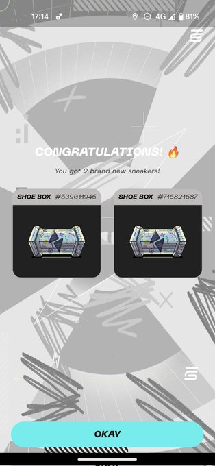The image shows a phone screen displaying two different shoe boxes, each with a pair of shoes inside. The text "Congratulations! You got 2 new sneakers!" is displayed above the shoe boxes. The background of the image features a drawing of a skateboard ramp, and there are some words written in blue and red colors that appear to be part of an app or game.