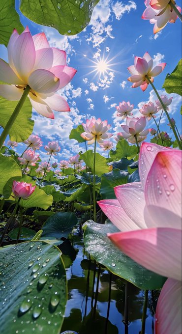 A vibrant nature photograph of pink lotus flowers and large green lily pads with water droplets, photographed from below against a bright blue sky with scattered clouds and shining sunlight.