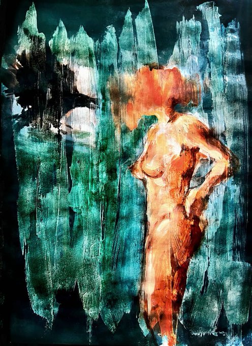An expressionist painting of a nude female figure rendered in orange tones stands against a dark teal background with vertical streaks and dark drips.