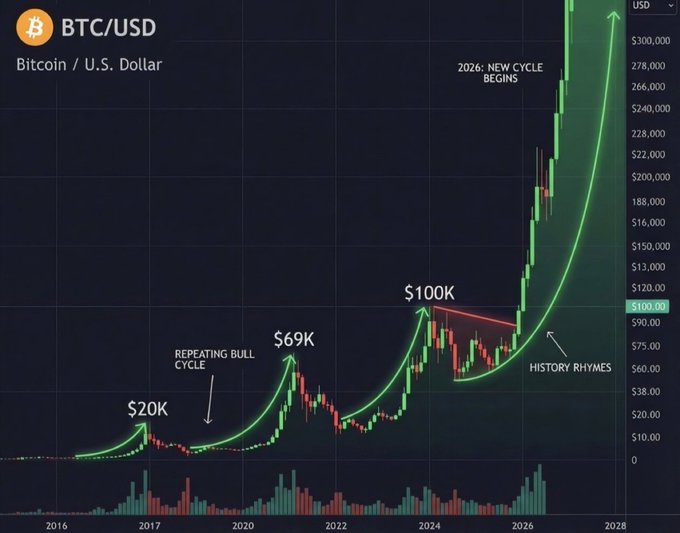 A BTC/USD Bitcoin price chart from 2016 to 2028 shows historical peaks at $20K (2017), $69K (2021), and $100K (2024), with an annotated projection of a "NEW CYCLE" parabolic rally beginning in 2026, illustrating the "REPEATING BULL CYCLE" and "HISTORY RHYMES" narrative that fuels the post's hype-driven call for an "ALTSEASON 2026" altcoin rally.