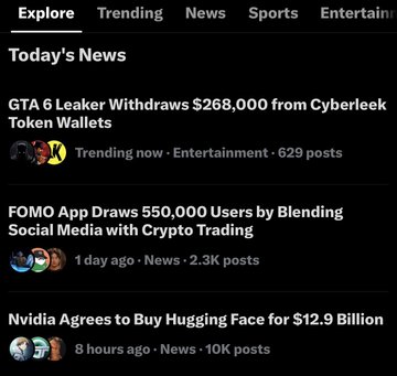 A news feed app interface displaying 'Today's News' with headlines including 'GTA 6 Leaker Withdraws $268,000 from Cyberleek Token Wallets', 'FOMO App Draws 550,000 Users by Blending Social Media with Crypto Trading', and 'Nvidia Agrees to Buy Hugging Face for $12.9 Billion'.