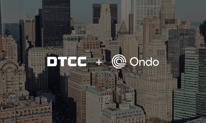 A darkened cityscape featuring the "DTCC + Ondo" partnership logo overlaid on a skyline of tall buildings, visually reinforcing the post's message about traditional Wall Street infrastructure integrating with onchain tokenized securities through a direct two-way conversion mechanism.