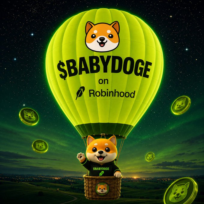 A cartoon Shiba Inu rides a green hot air balloon emblazoned with "$BABYDOGE on Robinhood" through a starry night sky, surrounded by floating Shiba coins. The whimsical illustration directly visualizes the post's plea to expedite the $BABYDOGE listing on the Robinhood platform.