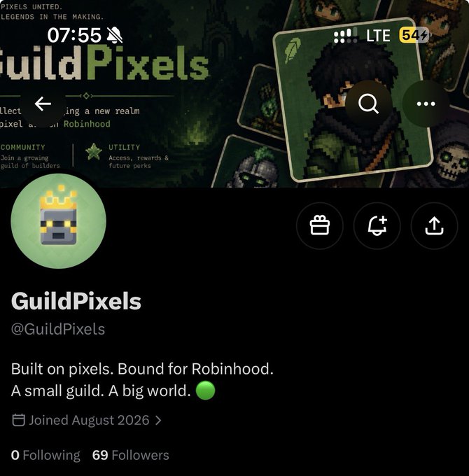 A mobile screenshot of a Twitter/X profile for 'GuildPixels' (@GuildPixels) showing 0 Following and 69 Followers, with the bio 'Built on pixels. Bound for Robinhood. A small guild. A big world.'