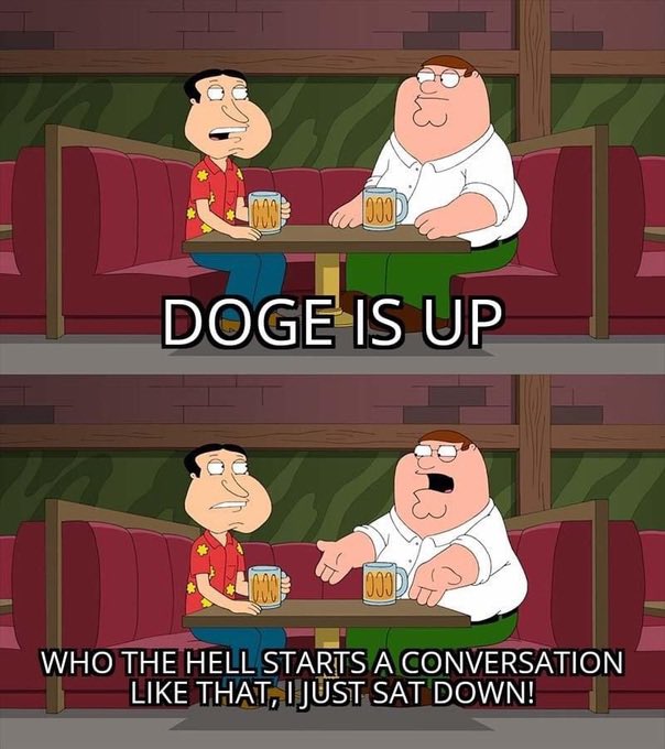 The image shows two cartoon characters, a man and a woman, sitting at a table with drinks. One character has a beer while the other one does not have any drink. The text "Who the Hell starts a conversation like that, I just sit down!" is written above them in white letters.