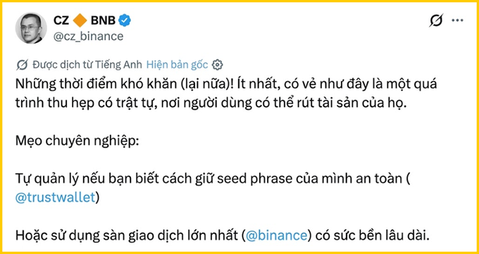 A translated tweet from CZ (@cz_binance) advising users to self-custody their assets using wallets like Trust Wallet or stick with major exchanges like Binance to survive bear markets.