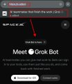 The image shows a Slack notification reading "Good news! You now have access to Grok 4" and "Meet Grok Bot," tied to a post joking that the user mistook a Bluetooth speaker for a "Reset Button" that supposedly granted access to Grok 4, only to discover the button had no real function.