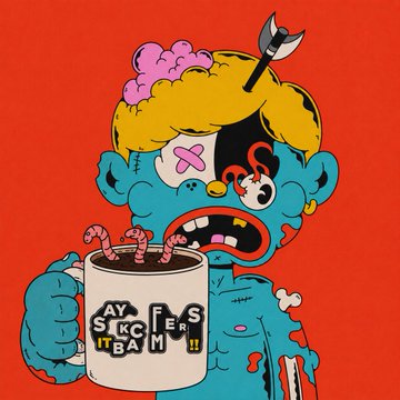 A colorful cartoon-style illustration of a zombie-like character with exposed pink brain, holding a mug labeled 'AY, SI ICE CA BAM' against a red background.