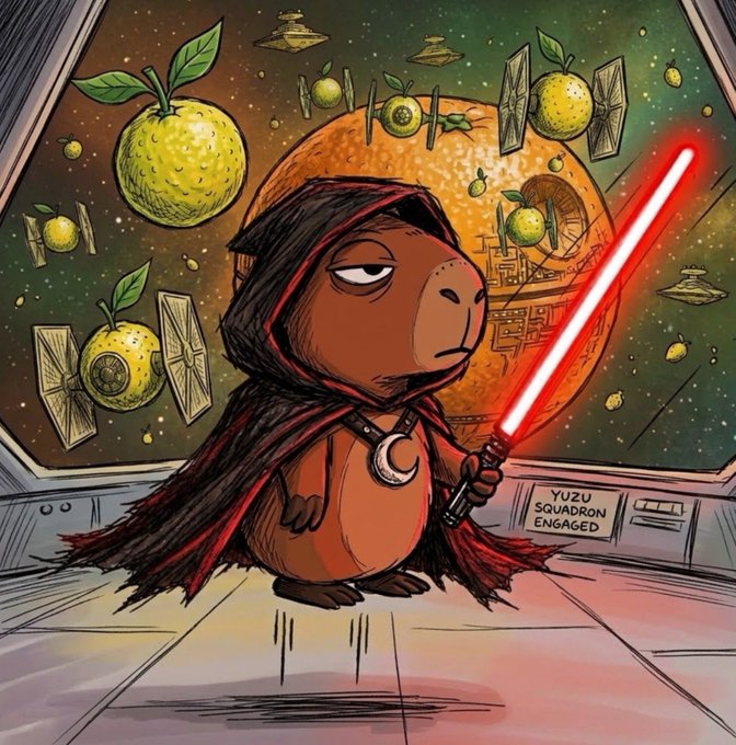 A cartoon illustration of a brown monkey dressed as a Sith Lord with a red lightsaber, standing in a spaceship cockpit with a "YUZU SQUADRON ENGAGED" panel, surrounded by yuzu fruits and TIE fighters in space.