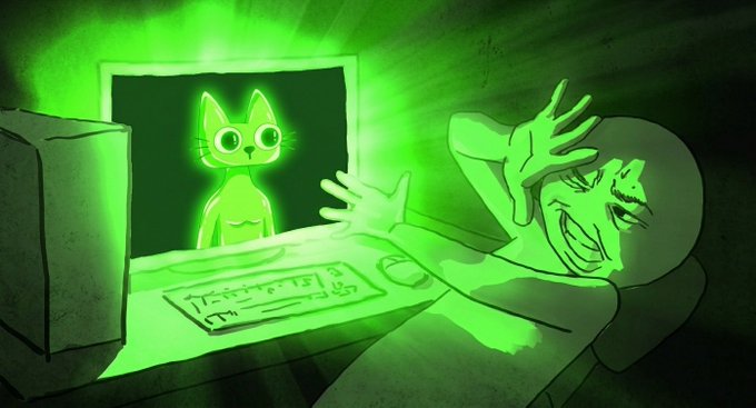 A green-tinted digital illustration shows a frightened person recoiling at a computer screen that displays a creepy cartoon cat, with a keyboard and mouse on the desk.