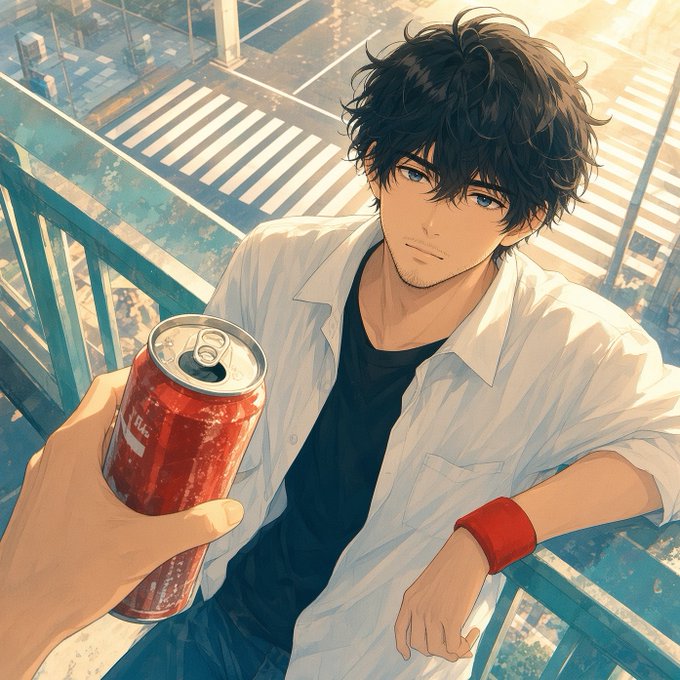An anime-style illustration shows a young man with messy dark hair and blue eyes wearing a white shirt and red wristband, leaning on a railing overlooking a sunlit city street while a hand in the foreground holds out an opened red soda can toward him. The image's theme of cautious trust—offering something only after observation—visually mirrors the post's message about BChat's approach of earning user trust through transparent node connections rather than asking for blind faith.