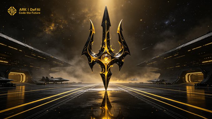 A futuristic black and gold emblem floats above a sleek spaceport runway, with "ARK | DeFAI - Code the Future" displayed in the corner, symbolizing the advanced, autonomous AI infrastructure that ARK is building for next-generation DeFi agents.
