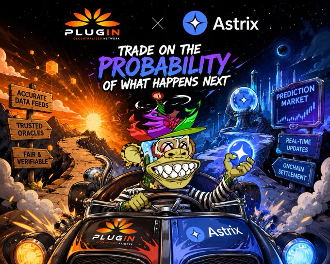 A promotional graphic for a partnership between "PLUGIN DECENTRALIZED NETWORKS" and "Astrix" with the tagline "TRADE ON THE PROBABILITY OF WHAT HAPPENS NEXT," featuring a cartoon character driving a car between two contrasting landscapes, with labels like "ACCURATE DATA FEEDS," "TRUSTED ORACLES," and "PREDICTION MARKET."