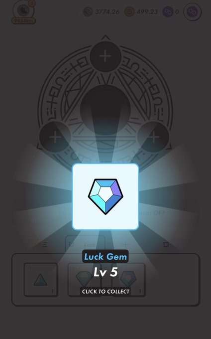 A mobile game screenshot showing a "Luck Gem Lv 5" item with a glowing gem icon in the center, with currency counters (3774.26 and 499.23) at the top and a "CLICK TO COLLECT" prompt below.