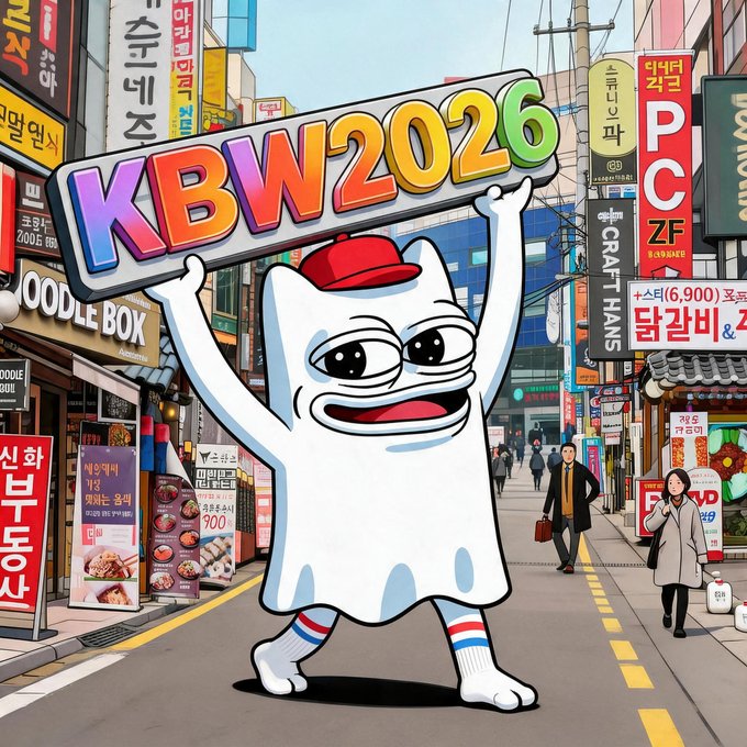 A cheerful cartoon mascot wearing a red cap holds up a colorful "KBW2026" sign while proudly displaying the colors of the Korean flag on its socks, standing in the middle of a bustling Seoul street filled with Korean signage and pedestrians. The image ties into the post's announcement, signaling KBW2026 in Seoul as the next stop after Singapore's TOKEN2049.
