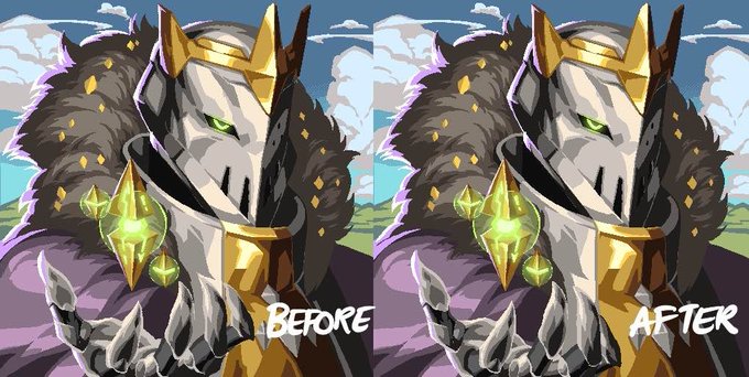 A side-by-side comparison of an armored knight character, labeled 'BEFORE' and 'AFTER', showing minor visual edits between the two versions.