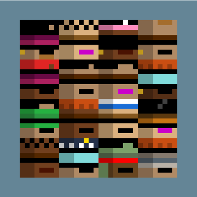 A pixelated, blocky abstract image composed of various colored rectangular tiles in brown, black, red, green, purple, and other colors on a gray background.
