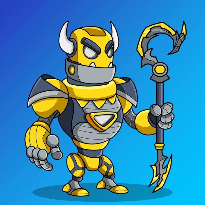 A cartoon illustration of a yellow and gray armored robot or demon character with horns, holding a large ornate staff against a blue background.