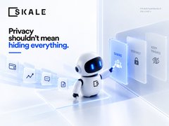 A Skale advertisement featuring a white robot mascot and the tagline "Privacy shouldn't mean hiding everything." surrounded by floating digital icons.