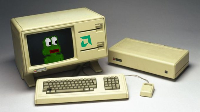 Vintage beige Apple Lisa computer with monitor, keyboard, mouse, and external drive on a neutral gray background, displaying a green pixelated character on the CRT screen.