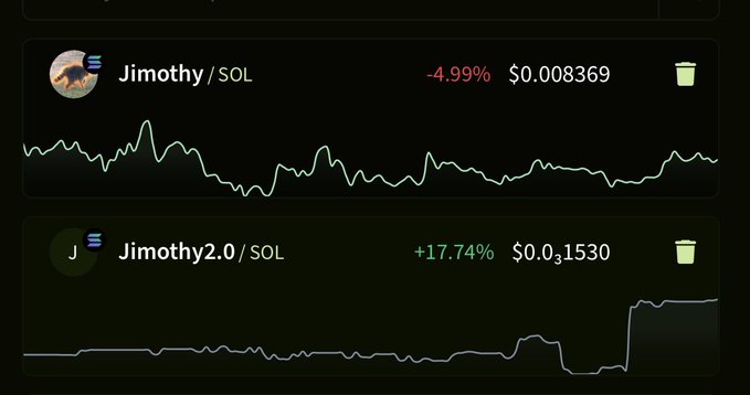 A cryptocurrency chart app displays two tokens: 'Jimothy' (SOL) down -4.99% at $0.008369 and 'Jimothy2.0' (SOL) up +17.74% at $0.031530.