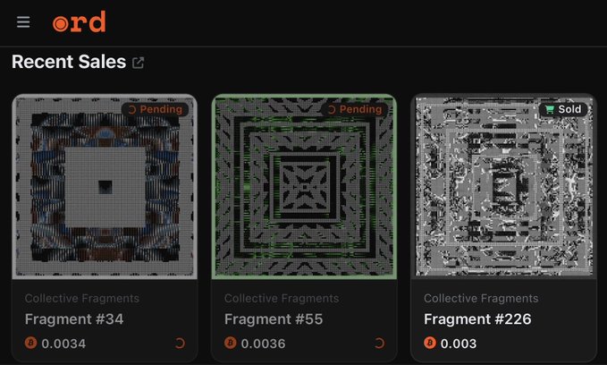 A screenshot of the ORD platform's 'Recent Sales' page displaying three 'Collective Fragments' (Fragment #34, #55, and #226) with their prices.