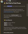 An article titled "The Real Cost of Paid to Push Pump" discusses the implications of paying $0.10 per repost for promotion on Pump Fun, with highlighted excerpts warning that paid promotion may drive away genuine engagement and lower post quality, while price tags vary based on account reach and engagement metrics.