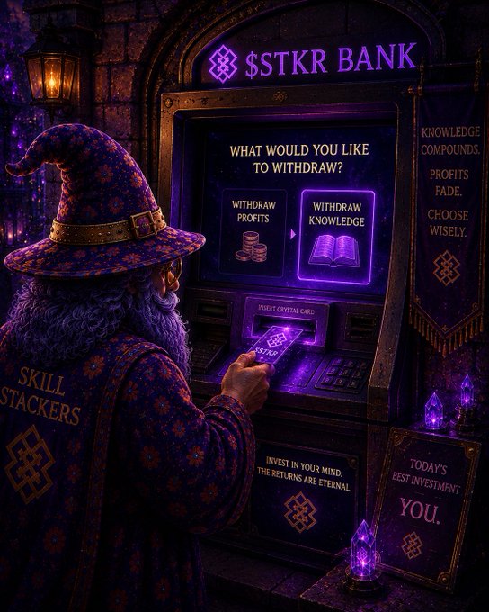 A fantasy illustration of a wizard at an '$STKR BANK' machine choosing between 'WITHDRAW PROFITS' (coins) or 'WITHDRAW KNOWLEDGE' (book), with text reading 'KNOWLEDGE COMPOUNDS. PROFITS FADE. CHOOSE WISELY.' and 'INVEST IN YOUR MIND. THE RETURNS ARE ETERNAL.'
