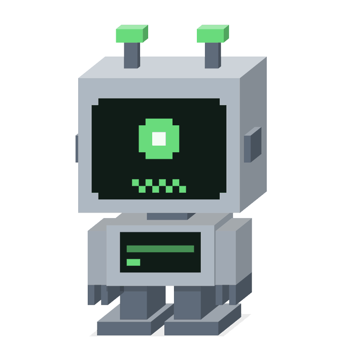 A pixelated gray robot figure stands against a white background, featuring green-tipped antennae, a green eye on its dark screen face, and a blocky body.