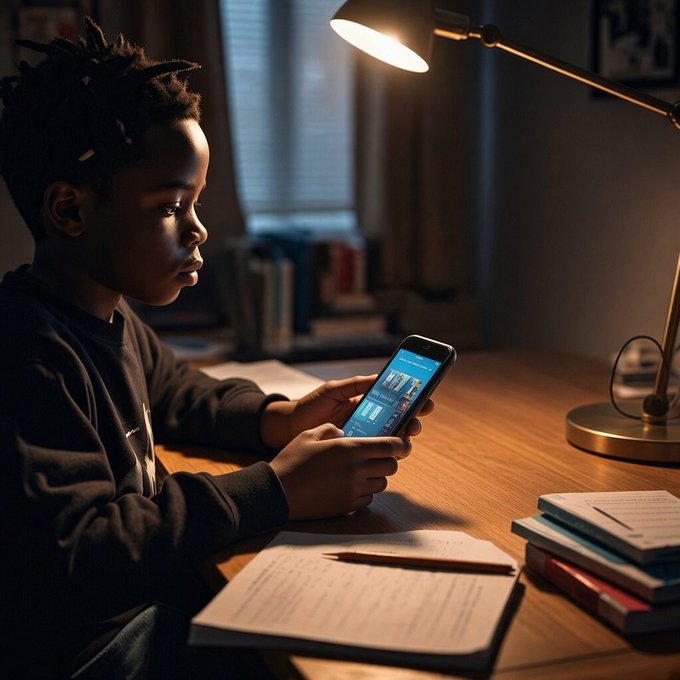 A young boy sits at a wooden desk illuminated by a warm desk lamp, intently looking at a smartphone in his hands while an open notebook with a pencil and a stack of books rest nearby in the dim room.