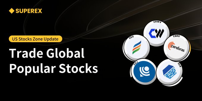 The image is a promotional graphic for SuperEx's US Stocks Zone, featuring a dark background with the SuperEx logo and text announcing "Trade Global Popular Stocks." It displays five circular tokens representing featured stocks—CRWV, CRDO, CBRS, CIFR, and an additional ticker—along with a "US Stocks Zone Update" badge, visually highlighting the new stock listings added to the platform.