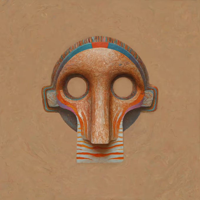 A stylized, symmetrical ceremonial mask with large circular eye openings, an elongated nose, and teal, orange, and purple accents against a textured tan background.