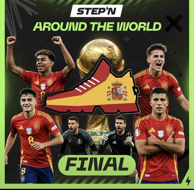A STEPN promotional graphic titled 'AROUND THE WORLD FINAL' featuring Spanish national football team players in red jerseys around a World Cup trophy and a Spain flag-themed sneaker.