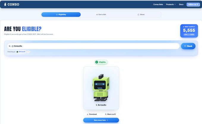 A webpage for "CONSO BOT" showing an eligibility check interface with the text "ARE YOU ELIGIBLE?", displaying a mint supply of 5,555 and a green robot avatar labeled "X OctooOx".