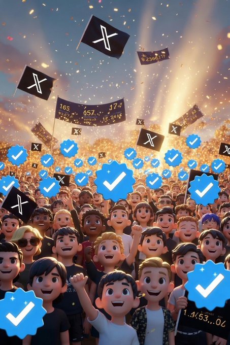 A stylized illustration of a crowd holding signs with "X" logos and blue checkmark verification badges amid falling confetti.