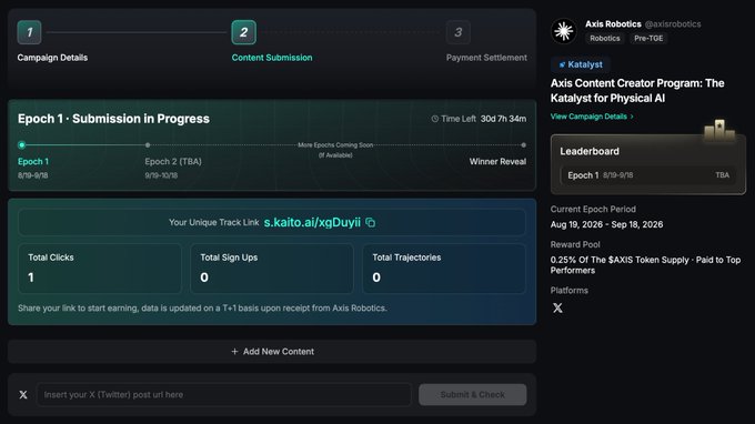 A dashboard for the 'Axis Content Creator Program: The Katalyst for Physical AI' showing Epoch 1 'Submission in Progress' with stats for Clicks, Sign Ups, and Trajectories.