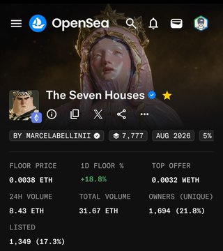 An OpenSea NFT listing page for a collection called 'The Seven Houses' verified by Marcelabellini, showing a floor price of 0.0038 ETH and a total volume of 31.67 ETH.